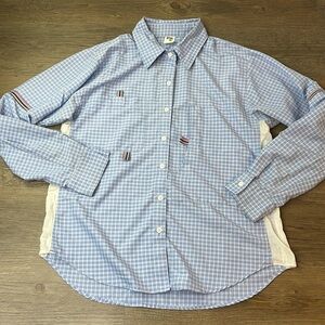 Girl on the Fly Women’s Blue White Plaid Button Down Long Sleeve Fishing Shirt S